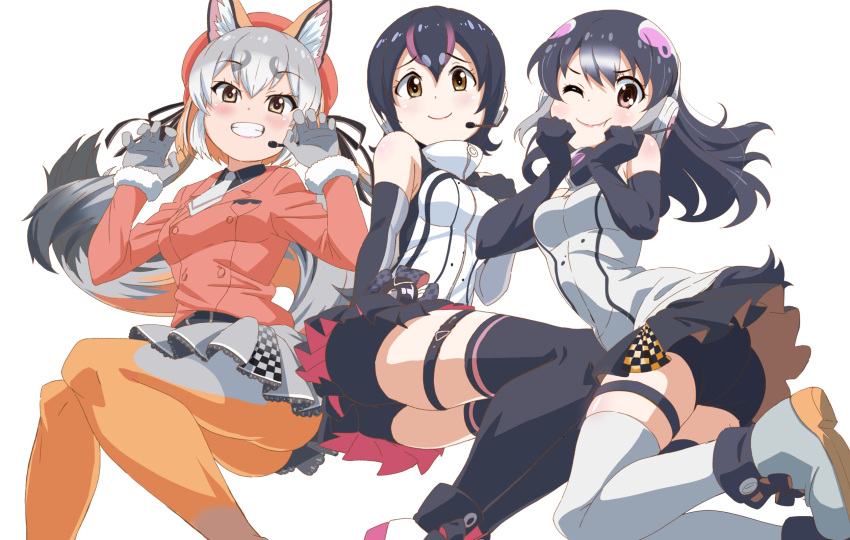 3girls african_penguin_(kemono_friends) animal_ears bare_shoulders bike_shorts_under_skirt black_gloves black_hair black_legwear black_shirt black_skirt blush claw_pose collared_shirt commentary_request elbow_gloves eyebrows_visible_through_hair fox_ears fox_girl fox_tail fur_trim garter_straps gloves grey_gloves grey_hair grey_legwear grey_skirt headphones high_collar highres humboldt_penguin_(kemono_friends) island_fox_(kemono_friends) jacket kemono_friends kemono_friends_v_project long_sleeves looking_at_viewer microphone multicolored_hair multiple_girls necktie official_alternate_costume one_eye_closed orange_hair orange_jacket orange_legwear pantyhose penguin_girl penguin_tail pink_hair pleated_skirt purple_hair shirt short_hair skirt sleeveless streaked_hair sweater tail thigh-highs twintails two-tone_hair two-tone_legwear white_fur white_hair white_legwear white_necktie white_sweater yamaguchi_yoshimi yellow_eyes zettai_ryouiki