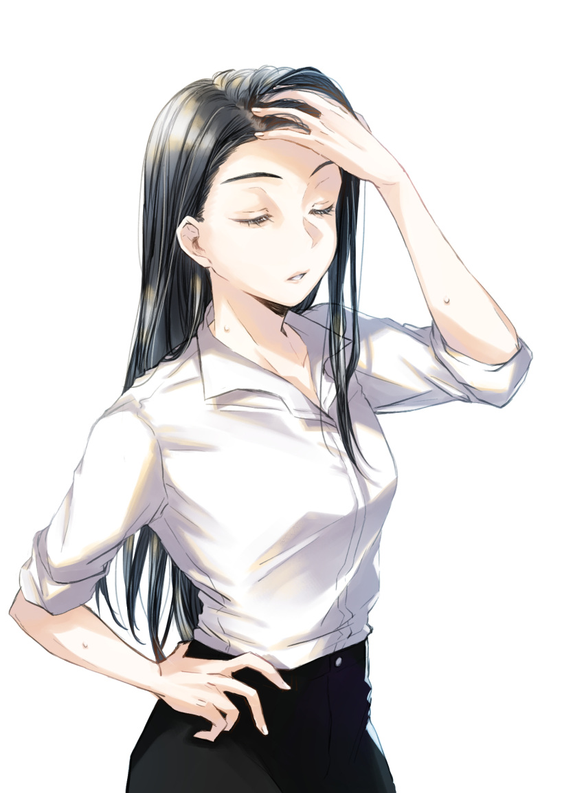 1girl arm_up bangs black_hair black_pants closed_eyes collared_shirt commentary_request cowboy_shot dress_shirt hair_behind_ear hand_on_hip hand_on_own_head highres long_hair pants parted_bangs parted_lips ruffling_hair shirt shirt_tucked_in short_sleeves shoujo_kageki_revue_starlight sidelocks simple_background sleeves_past_elbows sleeves_pushed_up solo standing sweat tareko white_background white_shirt yakumo_kyouko