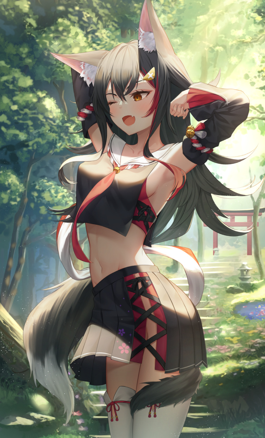 1girl ;d animal_ears armpits arms_up bare_shoulders bell black_hair black_shirt black_skirt breasts brown_eyes crop_top crop_top_overhang detached_sleeves fang hair_ornament hairclip highres hololive jingle_bell kouhaku_nawa long_sleeves looking_away medium_breasts midriff miniskirt multicolored_hair navel necktie no_panties one_eye_closed ookami_mio pleated_skirt revealing_clothes rope sailor_collar shimenawa shirt shuvi_(shuvi1125) side_slit skirt sleeveless sleeveless_shirt smile solo stomach streaked_hair tail thigh-highs virtual_youtuber white_legwear wolf_ears wolf_girl wolf_tail zettai_ryouiki