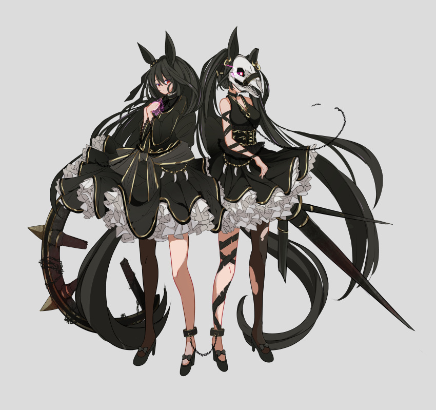 2girls absurdres amano_haruka_(sakogamitokuan) animal_ears animal_skull ankle_cuffs black_hair blush breasts chain collar dark_souls_(series) dark_souls_ii dress executioner's_chariot eye_trail hand_on_own_chest high_heels highres horse_ears horse_girl long_hair long_sleeves mask multiple_girls personification red_eyes simple_background single_leg_pantyhose skull_mask sleeveless sleeveless_dress torn_clothes torn_legwear twintails very_long_hair