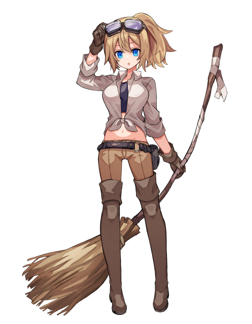 1girl :o arm_up bandages bangs black_shirt blonde_hair blue_eyes boots broom brown_footwear brown_gloves brown_legwear brown_pants collared_shirt crop_top eyebrows_behind_hair front-tie_top full_body gloves goggles goggles_on_head hair_between_eyes highres holding holding_broom long_sleeves looking_at_viewer midriff navel open_clothes open_shirt original pants parted_lips ponytail shirt simple_background solo standing thigh-highs thigh_boots tied_shirt tori_(10ri) undershirt white_background white_shirt