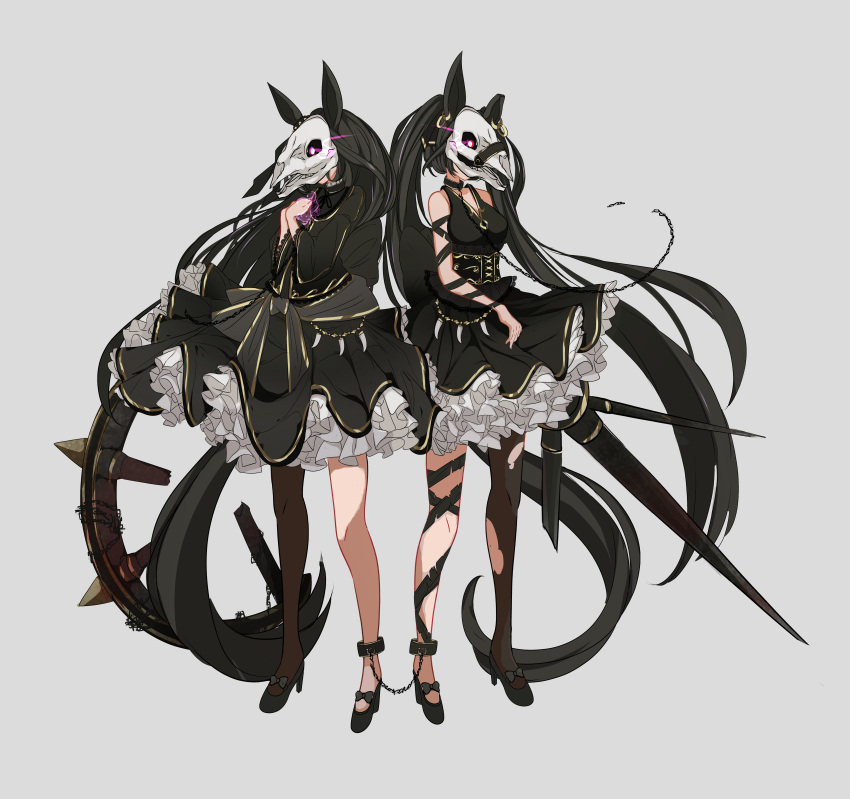 2girls absurdres amano_haruka_(sakogamitokuan) animal_ears animal_skull ankle_cuffs black_hair breasts chain collar dark_souls_(series) dark_souls_ii dress executioner's_chariot eye_trail glowing glowing_eyes hand_on_own_chest high_heels highres horse_ears horse_girl long_hair long_sleeves mask multiple_girls personification red_eyes simple_background single_leg_pantyhose skull_mask sleeveless sleeveless_dress torn_clothes torn_legwear twintails very_long_hair violet_eyes