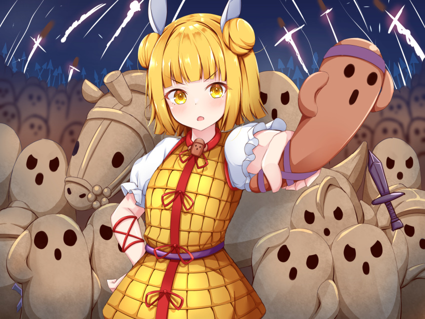 1girl arm_ribbon arm_up bangs belt blonde_hair blue_background blush bow breasts commentary_request double_bun dress dress_bow eyebrows_visible_through_hair eyelashes eyes_visible_through_hair hair_ribbon hand_on_hip hand_up haniwa_(statue) highres joutouguu_mayumi looking_away medium_breasts polearm puffy_short_sleeves puffy_sleeves purple_belt red_bow red_ribbon ribbon rururiaru shirt short_hair short_sleeves solo spear standing sword touhou v-shaped_eyebrows weapon white_ribbon white_shirt yellow_dress yellow_eyes