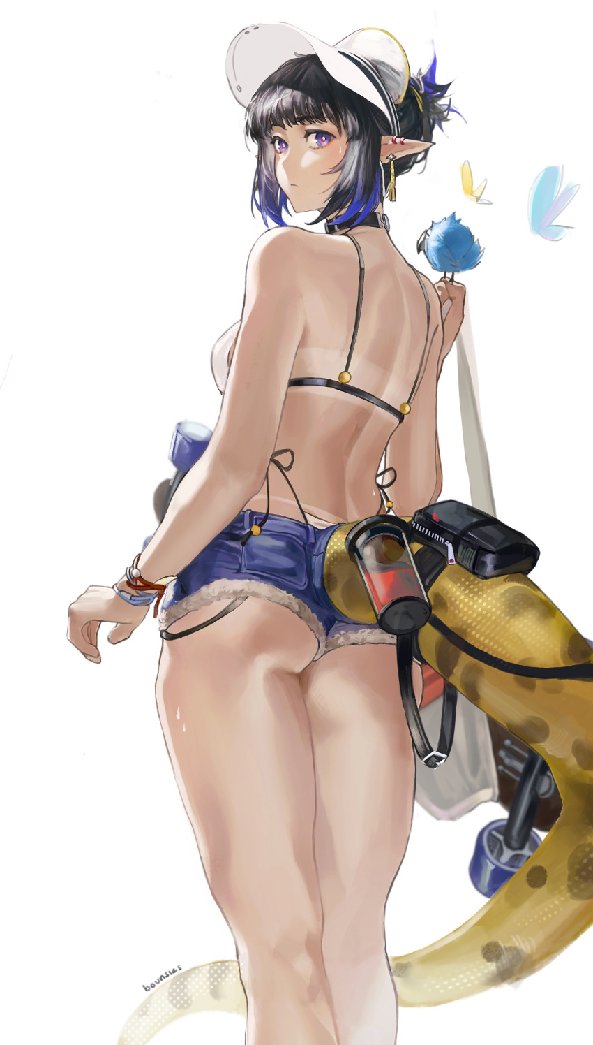 1girl arknights bangs bare_arms bare_shoulders bird bird_on_hand black_choker black_hair blue_eyes bounsies breasts choker commentary denim denim_shorts eunectes_(arknights) feet_out_of_frame from_behind hand_up high_priest_(arknights) highres looking_back pointy_ears short_hair short_shorts shorts simple_background skateboard small_breasts snake_tail solo standing symbol-only_commentary tail thighs underbutt visor_cap white_background