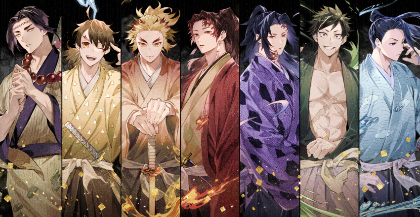 6+boys ;d abs ahoge arm_behind_back arm_out_of_sleeve bangs beads black_background black_hair blonde_hair blue_eyes blue_hair blue_hakama blue_kimono blue_theme brown_hair clenched_hand coat colored_tips column_lineup commentary_request cowboy_shot crescent debris earrings extra extra_ears facial_mark fire floating floating_hair forked_eyebrows green_eyes green_theme grin hakama hand_on_hip hand_up hands_on_hilt haori highres japanese_clothes jewelry katana kimetsu_no_yaiba kimono levitation light_particles long_hair long_sleeves looking_at_viewer looking_away looking_down male_focus mole mole_under_eye motion_blur multicolored_hair multiple_boys obi one_eye_closed orange_eyes outstretched_arms own_hands_together oyumai pink_eyes pointing pointing_at_self ponytail prayer_beads praying purple_hair purple_theme ready_to_draw red_coat red_eyes redhead rock sash scar scar_on_cheek scar_on_chest scar_on_face scar_on_forehead scar_on_stomach short_hair simple_background sleeves_past_fingers sleeves_past_wrists smile straight-on streaked_hair sun sword torn_clothes tsugikuni_michikatsu tsugikuni_yoriichi v_arms very_long_hair visible_air water waves weapon wide_sleeves yellow_eyes
