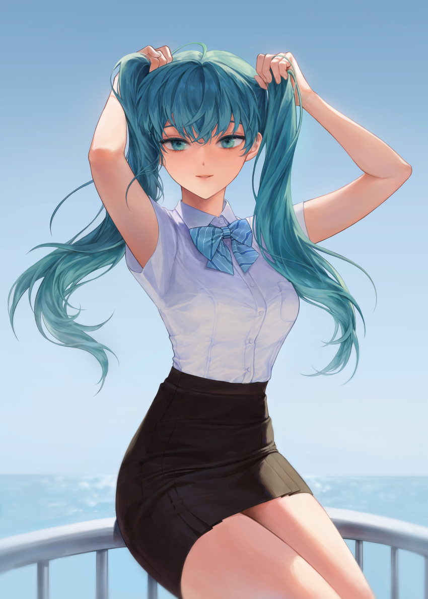 1girl absurdres ahoge aqua_eyes aqua_hair arms_up bangs bare_arms black_skirt blue_bow blue_bowtie blue_sky blurry bow bowtie breast_pocket breasts bunching_hair collared_shirt commentary cowboy_shot day depth_of_field dress_shirt floating_hair hair_over_shoulder hatsune_miku highres holding holding_hair horizon long_hair looking_at_viewer miniskirt ocean outdoors parted_lips pencil_skirt pocket railing shirt short_sleeves sitting sitting_on_railing skirt sky smile solo striped striped_bow striped_bowtie tanna twintails vocaloid white_shirt