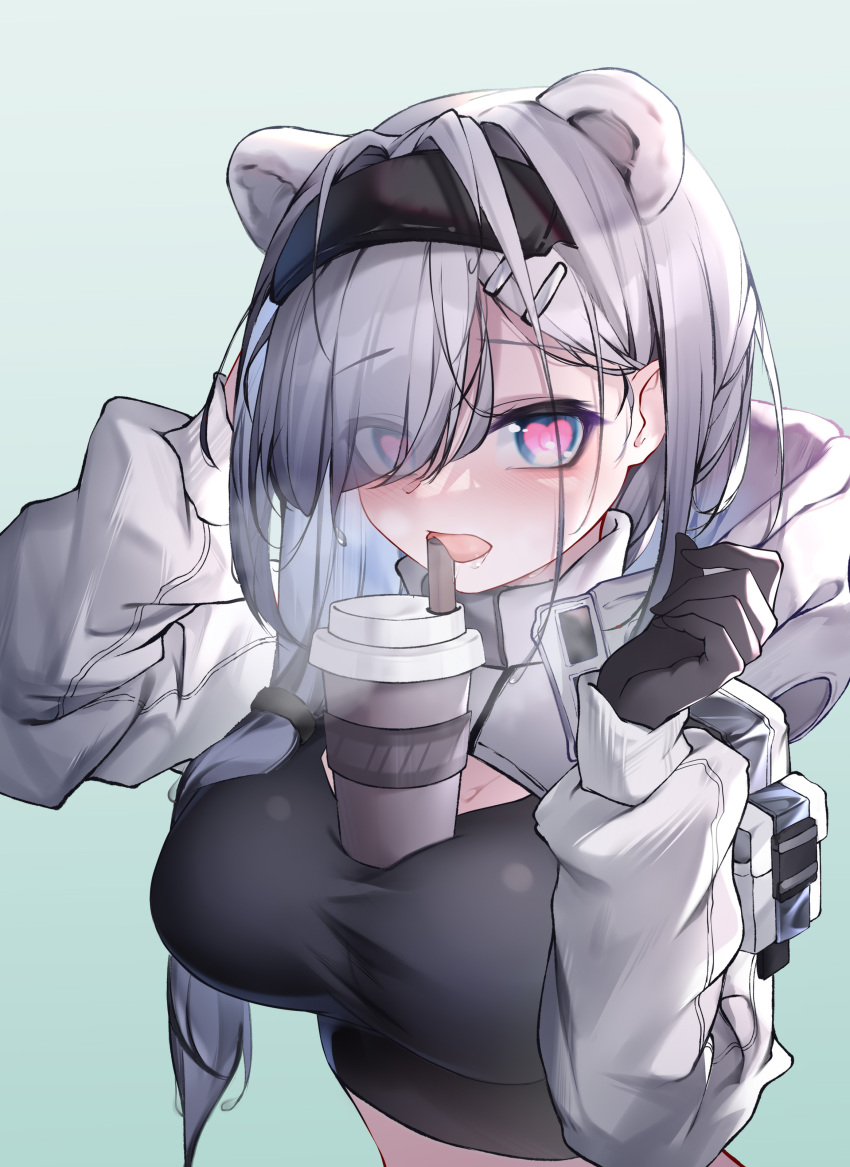 1girl absurdres animal_ears arknights aurora_(arknights) bear_ears black_gloves black_hairband blue_background blue_eyes blush breasts bubble_tea_challenge cup disposable_cup eyes_visible_through_hair gloves gradient gradient_background hair_ornament hair_over_one_eye hair_over_shoulder hairband hairclip hands_up heart heart-shaped_pupils highres hood hood_down large_breasts long_hair long_sleeves looking_at_viewer open_mouth qinshi-ji saliva shrug_(clothing) silver_hair solo sports_bra symbol-shaped_pupils tongue tongue_out upper_body
