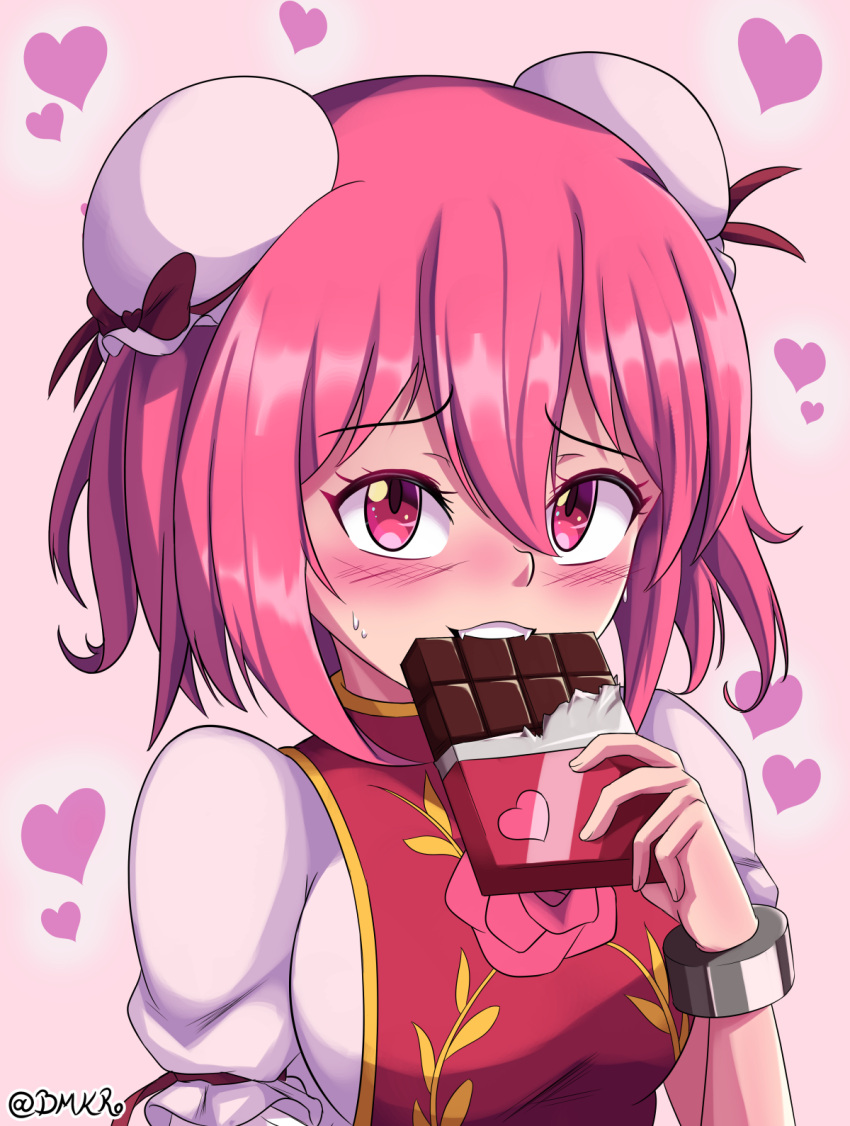 1girl blush bmkro breasts bun_cover candy candy_bar chocolate commentary double_bun eating embarrassed food heart highres ibaraki_kasen large_breasts pink_background pink_eyes pink_hair pink_tabard shirt solo sweatdrop touhou twitter_username upper_body valentine white_shirt