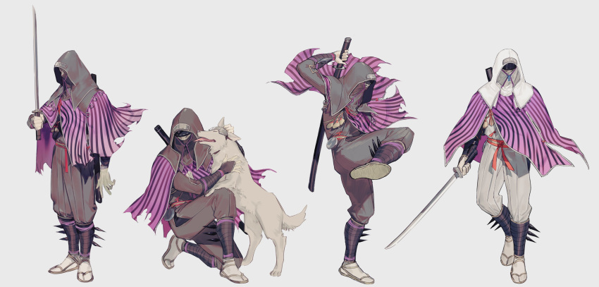 4boys absurdres capelet covered_face dog fighting_stance hakama hakama_pants highres holding holding_sword holding_weapon hug interior_ministry_loneshadow japanese_clothes katana knee_up konghi98 lone_shadow_ninja looking_at_viewer male_focus mask multiple_boys pants purple_capelet sekiro:_shadows_die_twice simple_background striped_capelet sword veil weapon white_background white_pants