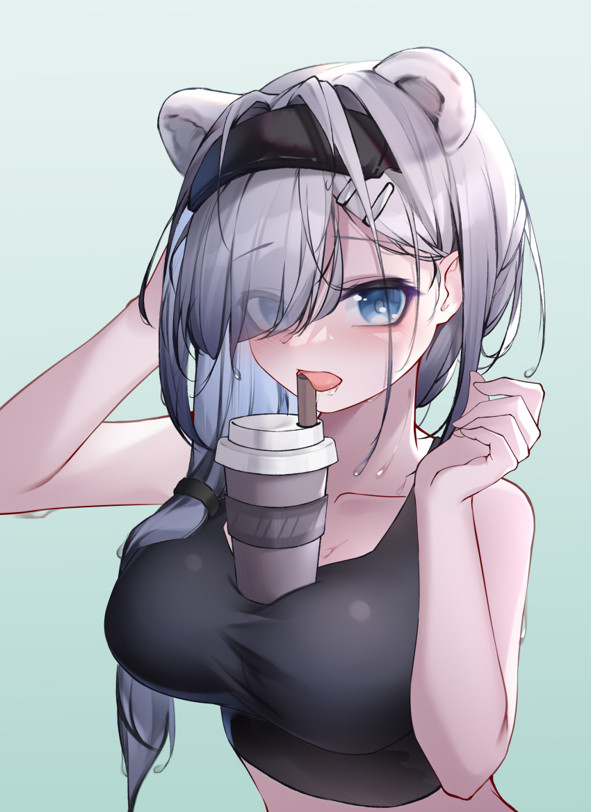 1girl absurdres animal_ears arknights aurora_(arknights) bare_arms bare_shoulders bear_ears black_gloves black_hairband blue_background blue_eyes blush breasts bubble_tea_challenge collarbone cup disposable_cup eyes_visible_through_hair gloves gradient gradient_background hair_ornament hair_over_one_eye hair_over_shoulder hairband hairclip hands_up highres large_breasts long_hair looking_at_viewer open_mouth qinshi-ji saliva silver_hair solo sweat tongue tongue_out upper_body