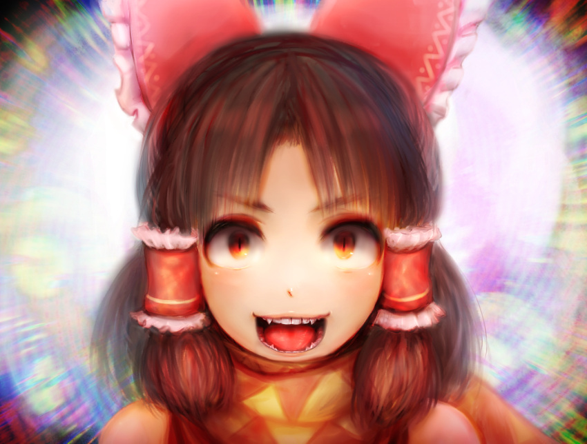 1girl bangs benikurage_(cookie) blush bow brown_eyes brown_hair commentary_request cookie_(touhou) dress face fangs frilled_hair_tubes frills hair_bow hair_tubes hakurei_reimu khn_(kihana) looking_at_viewer medium_hair open_mouth orange_scarf parted_bangs red_bow red_dress scarf sleeveless sleeveless_dress slit_pupils smile solo tongue touhou yellow_scarf