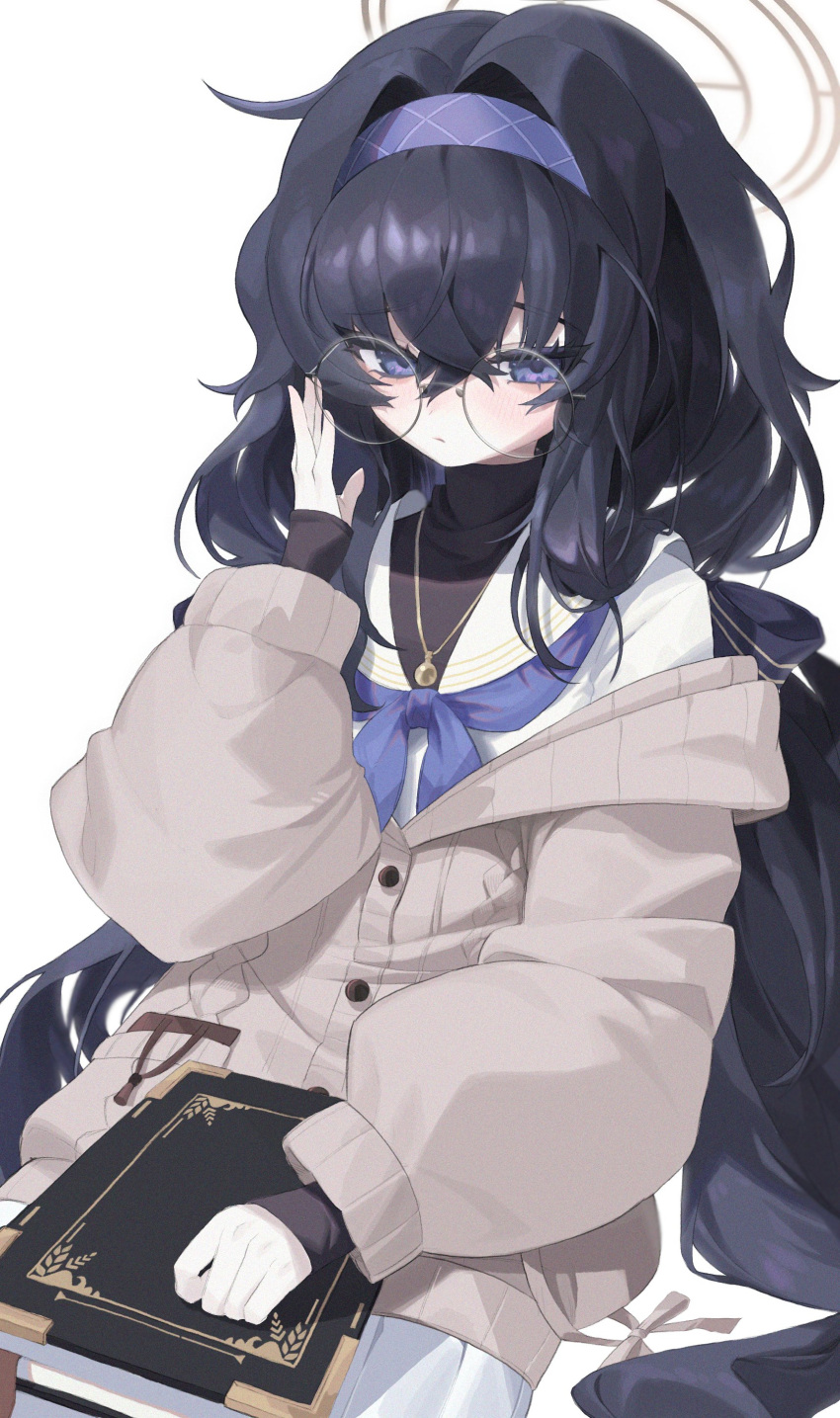 1girl absurdres adjusting_eyewear bangs black_hair black_undershirt blue_archive blue_eyes blue_hairband blue_neckerchief blush book cardigan commentary_request eyebrows_visible_through_hair hair_between_eyes hairband halo highres jewelry long_hair long_sleeves looking_at_viewer low_twintails neckerchief necklace pleated_skirt rima_rima_ri round_eyewear sailor_collar simple_background skirt solo twintails ui_(blue_archive) very_long_hair white_background white_serafuku white_skirt