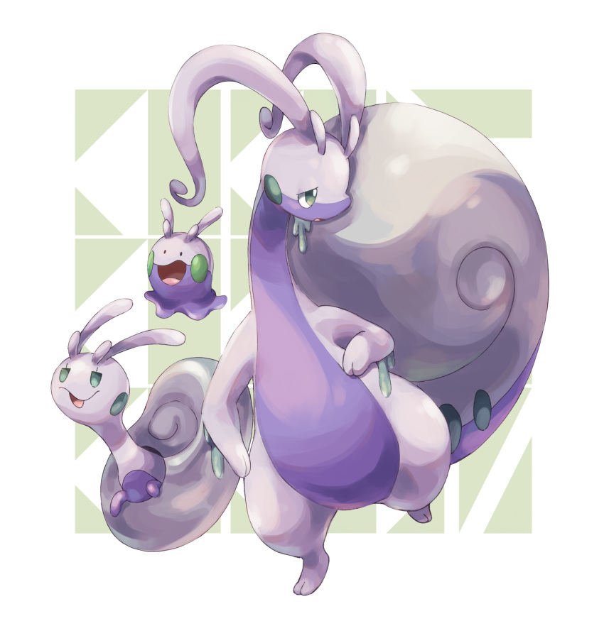 :d commentary_request evolutionary_line goomy green_background green_eyes highres hisuian_goodra hisuian_sliggoo leg_up looking_back no_humans nume_0859 open_mouth pokemon pokemon_(creature) smile tongue two-tone_background