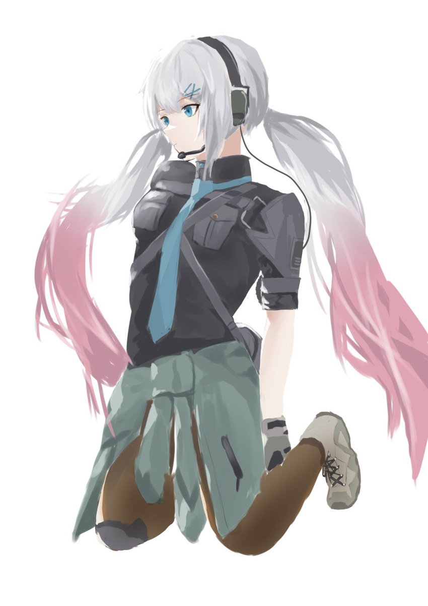 1girl aqua_eyes aqua_necktie arms_behind_back bangs black_legwear black_shirt closed_mouth eyebrows_visible_through_hair full_body girls_frontline gloves grey_hair hair_ornament hairclip headphones headset highres knee_pads kneeling long_hair looking_away low_twintails lwmmg_(girls'_frontline) microphone mod3_(girls'_frontline) multicolored_hair necktie pantyhose pink_hair shirt shoes sneakers solo twintails two-tone_hair very_long_hair wh1te white_background white_footwear white_gloves