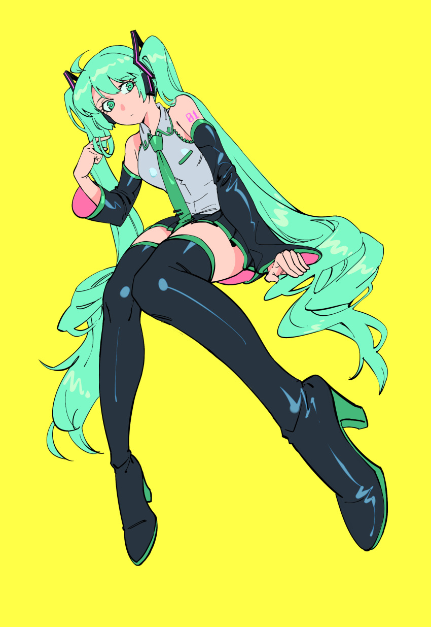 1girl absurdres black_footwear blue_hair boots closed_mouth detached_sleeves green_eyes green_necktie grey_shirt hair_twirling hatsune_miku high_heel_boots high_heels highres invisible_chair knees_together_feet_apart looking_at_viewer necktie ruukii_drift shirt simple_background sitting sleeveless sleeveless_shirt solo thigh-highs thigh_boots twintails vocaloid white_background yellow_background
