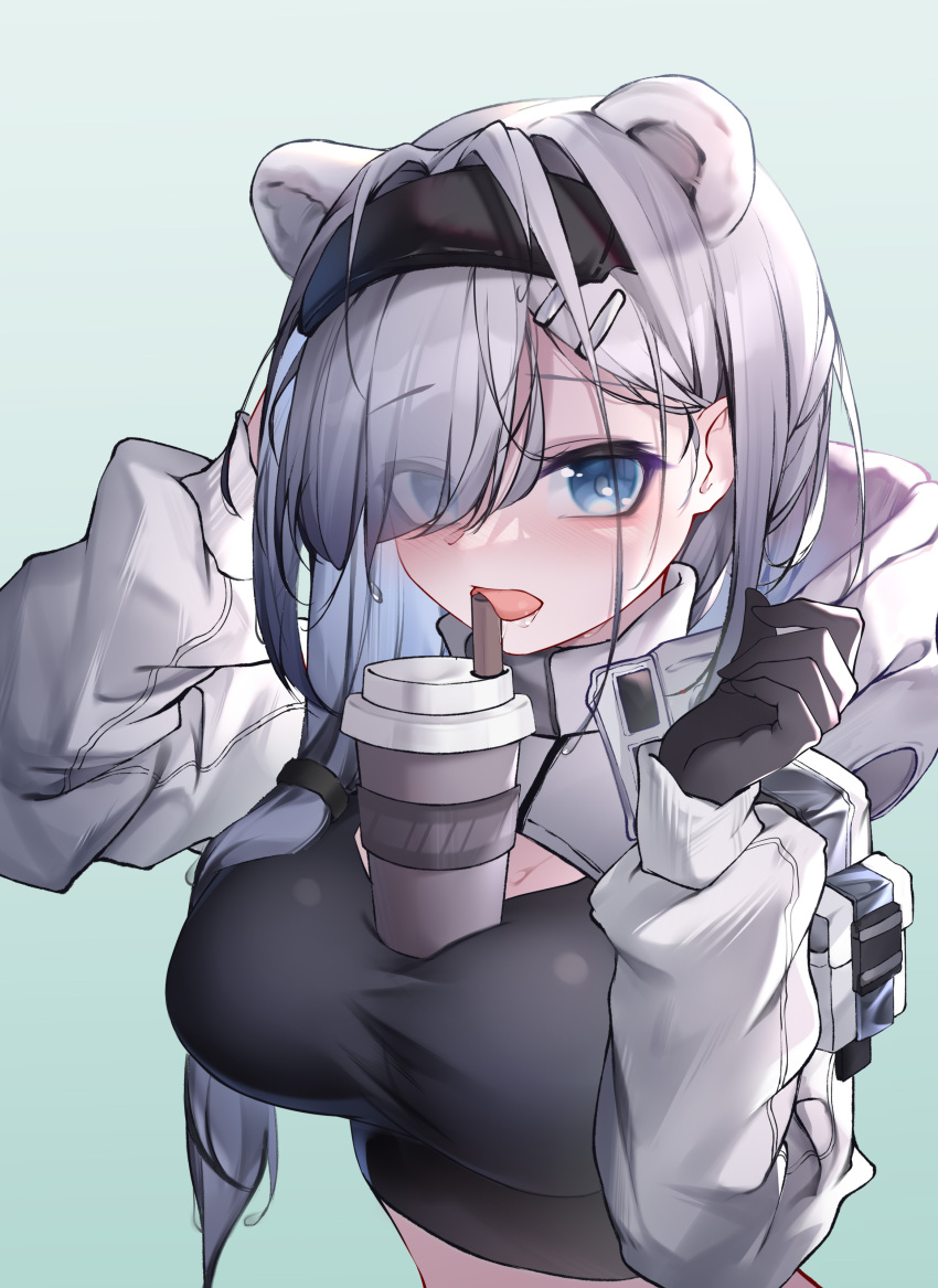 1girl absurdres animal_ears arknights aurora_(arknights) bear_ears black_gloves black_hairband blue_background blue_eyes blush breasts bubble_tea_challenge cup disposable_cup eyes_visible_through_hair gloves gradient gradient_background hair_ornament hair_over_one_eye hair_over_shoulder hairband hairclip hands_up highres hood hood_down large_breasts long_hair long_sleeves looking_at_viewer open_mouth qinshi-ji saliva shrug_(clothing) silver_hair solo sports_bra tongue tongue_out upper_body