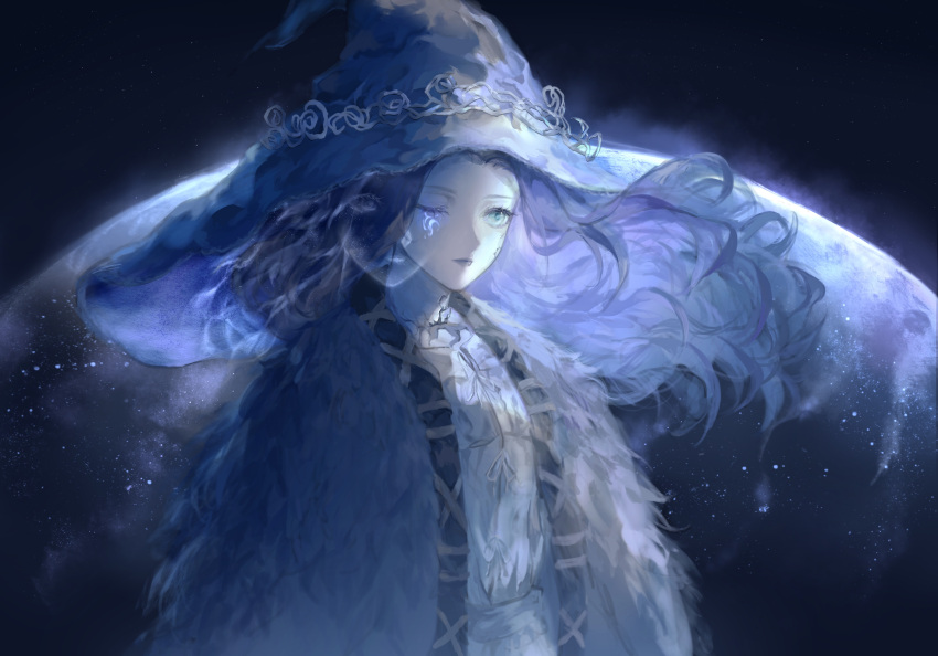 1girl absurdres blue_eyes blue_hair blue_lips blue_skin colored_skin crack cracked_skin elden_ring extra_faces forehead fur_coat glowing_tattoo hat highres lips long_hair moon muye night night_sky ranni_the_witch robe sky solo space star_(sky) tattoo wavy_hair witch witch_hat