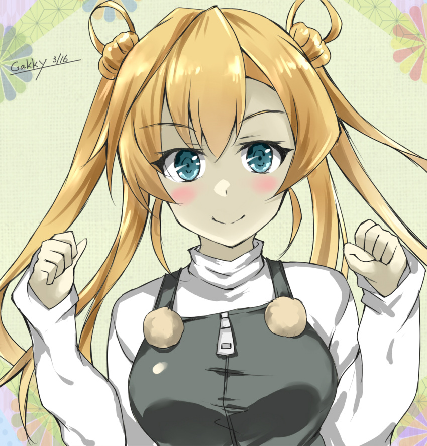 1girl abukuma_(kancolle) black_dress blonde_hair blue_eyes blush double_bun dress gakky hair_between_eyes hair_rings kantai_collection long_hair looking_at_viewer official_alternate_costume one-hour_drawing_challenge smile solo sweater white_sweater zipper_pull_tab