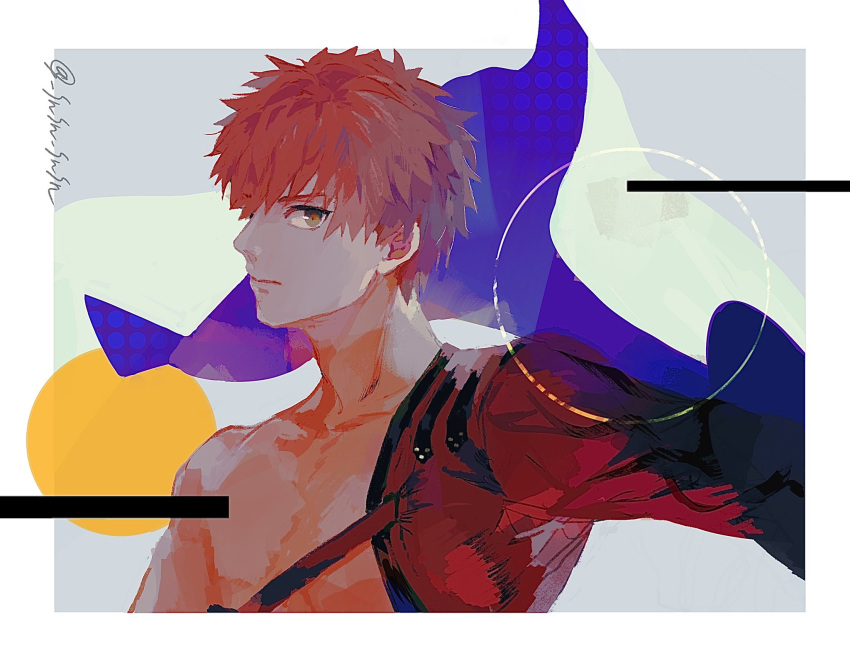 1boy :| abs bangs cape closed_mouth commentary_request emiya_shirou expressionless fate/grand_order fate_(series) hanakazesun highres igote japanese_clothes looking_at_viewer male_focus redhead senji_muramasa_(fate) short_hair solo upper_body yellow_eyes