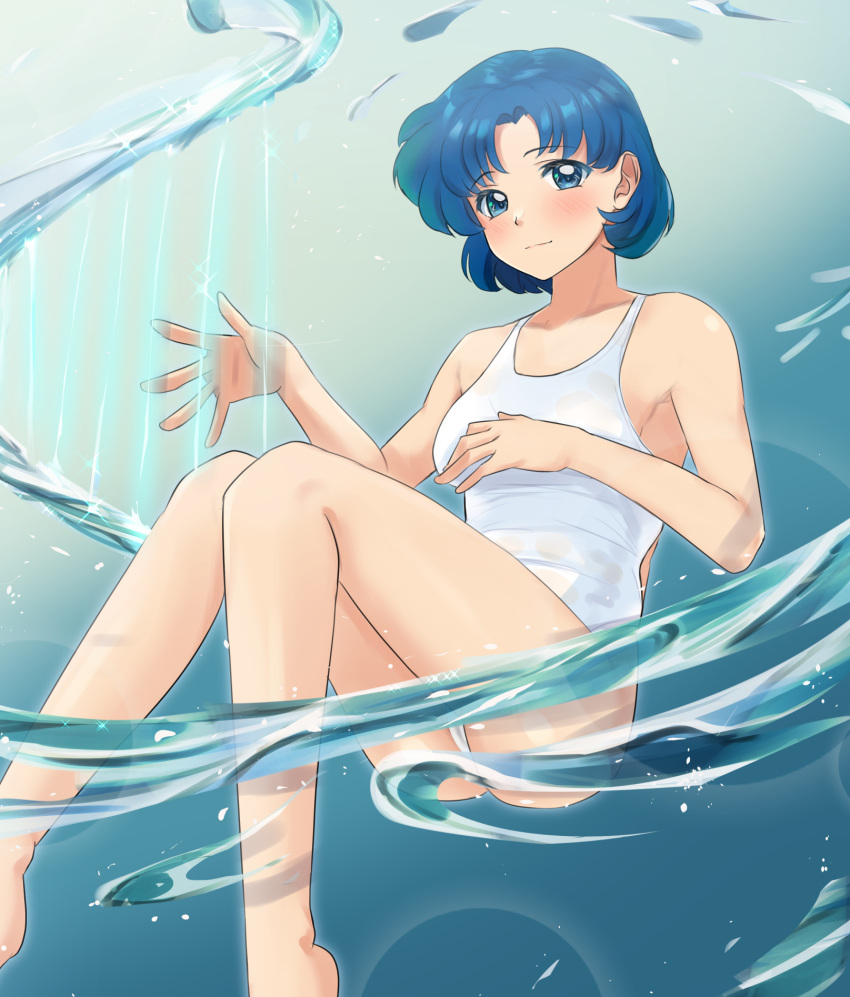 1girl bangs bishoujo_senshi_sailor_moon blue_eyes blue_hair blush breasts closed_mouth commentary competition_swimsuit eyebrows_visible_through_hair highres looking_at_viewer medium_breasts mizuno_ami one-piece_swimsuit short_hair smile solo swimsuit white_swimsuit ykh1028