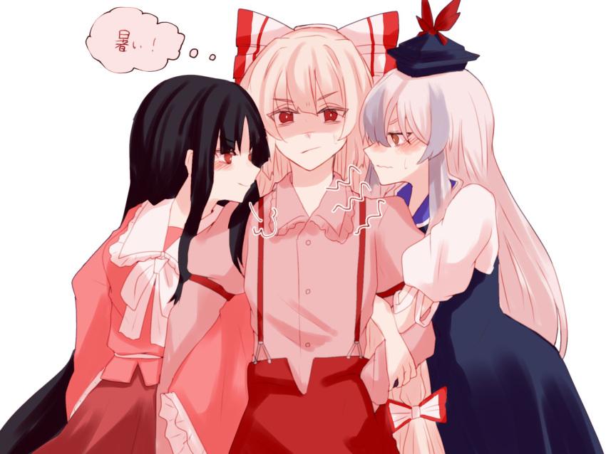 3girls bangs belt black_hair blouse blue_dress blue_hair blue_headwear blush bow bowtie breasts brown_eyes buttons closed_mouth collared_blouse collared_dress collared_shirt commentary_request dress eyebrows_visible_through_hair eyelashes eyes_visible_through_hair frills fujiwara_no_mokou hair_between_eyes hair_bow hand_in_pocket hand_up hat hat_ornament highres houraisan_kaguya hug juliet_sleeves kamishirasawa_keine long_sleeves looking_at_another looking_at_viewer medium_breasts multicolored_bow multicolored_hair multiple_girls pants pink_blouse pink_eyes pink_shirt puffy_short_sleeves puffy_sleeves red_bow red_eyes red_pants red_skirt shaded_face shirt short_sleeves sidelocks silver_hair simple_background skirt smile somei_ooo standing touhou translation_request white_background white_belt white_bow white_bowtie white_shirt wide_sleeves yuri