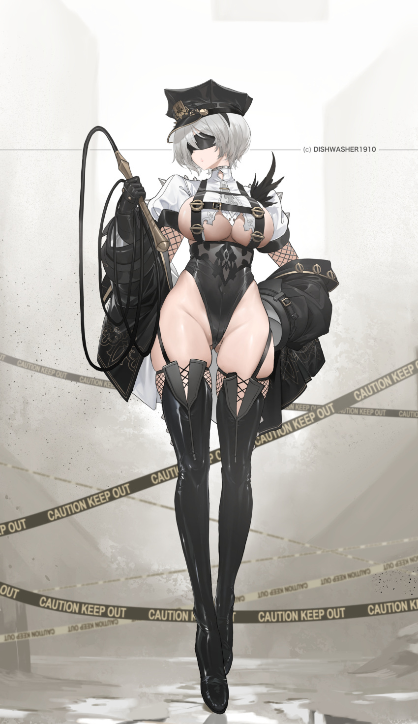 1girl absurdres alternate_costume artist_name black_footwear black_headwear black_jacket blindfold boots breasts dishwasher1910 full_body hat highres holding holding_whip jacket large_breasts nier_(series) nier_automata peaked_cap short_hair silver_hair solo standing thigh-highs thigh_boots thighs whip yorha_no._2_type_b