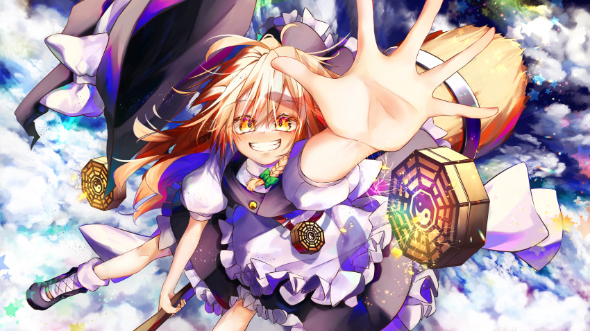 1girl absurdres apron black_dress blonde_hair bow braid buttons calpis118 dress frilled_dress frilled_skirt frills hair_bow hat hat_bow highres kirisame_marisa long_hair master_spark puffy_sleeves ribbon short_sleeves single_braid skirt smile solo touhou waist_apron white_bow witch_hat yellow_eyes
