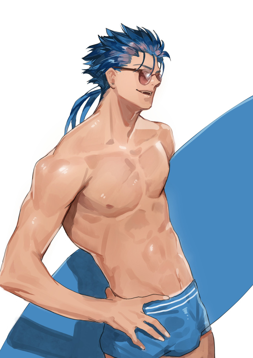 1boy abs absurdres alternate_costume aqua_male_swimwear blue_hair blue_male_swimwear bok commentary_request cu_chulainn_(fate) cu_chulainn_(fate/stay_night) fate/grand_order fate/hollow_ataraxia fate/stay_night fate_(series) feet_out_of_frame glasses hand_on_hip highres holding holding_surfboard korean_commentary long_hair looking_away male_focus male_swimwear ponytail red_eyes simple_background smile solo surfboard swim_trunks swimsuit toned toned_male white_background