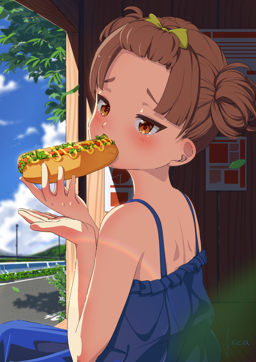1girl absurdres artist_name bangs bare_shoulders blue_sky blunt_bangs blush bow brown_eyes brown_hair bus_stop character_request clouds cloudy_sky commentary_request copyright_request day dress eating feca_shield food food_in_mouth from_behind hair_bow hairstyle_request highres holding holding_food horizon hot_dog leaf lettuce mountain mustard outdoors scenery shoulder_blades signature sky sleeveless solo spaghetti_strap summer tree yellow_bow