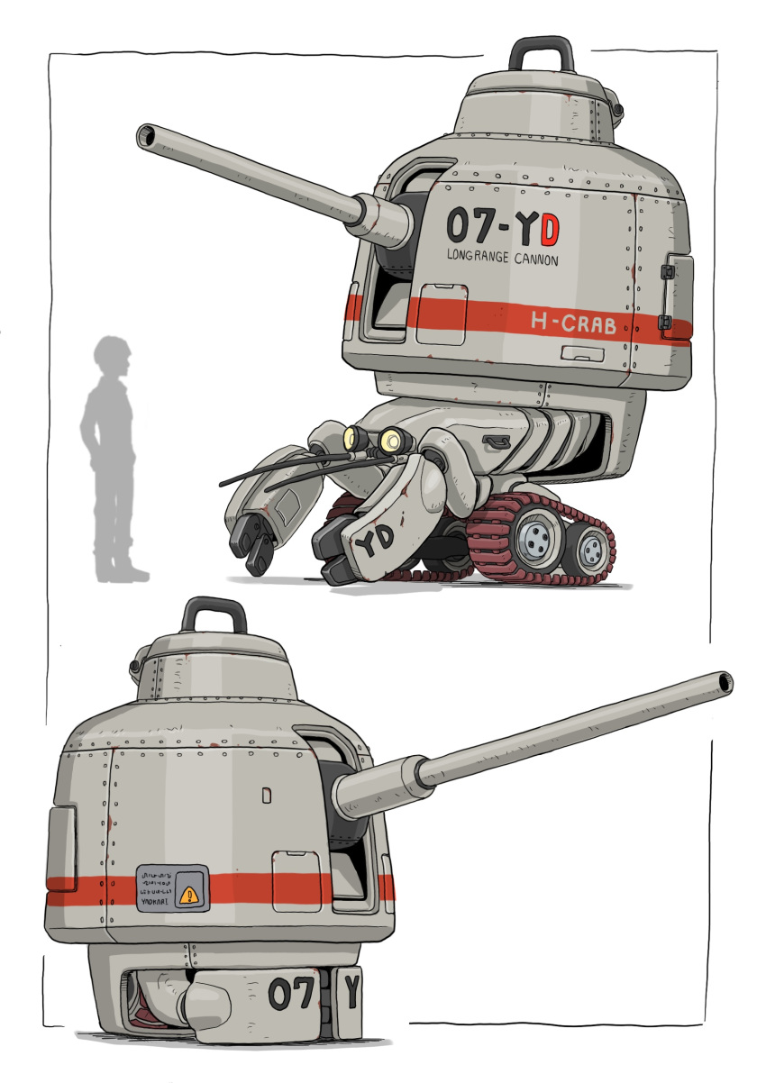 absurdres cannon caterpillar_tracks gatling_santouhei ground_vehicle hermit_crab highres mecha military military_vehicle motor_vehicle original science_fiction silhouette tank transformation vehicle_focus white_background