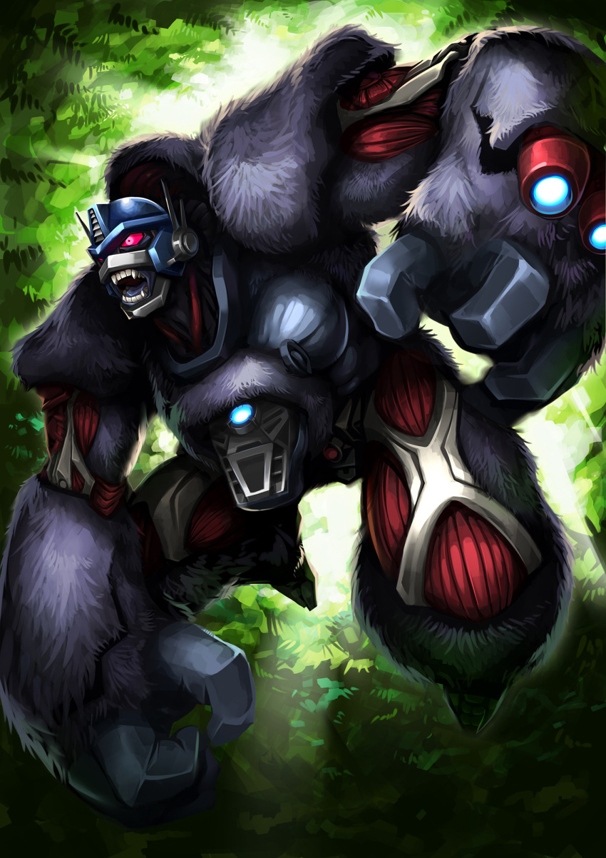 angry arm_cannon armor beast_wars beast_wars:_transformers colored_sclera commentary fangs forest fur helmet highres male_focus mask maximal mecha muscular nature no_humans optimus_primal pink_eyes pink_sclera ryuusei_(mark_ii) solo transformers weapon