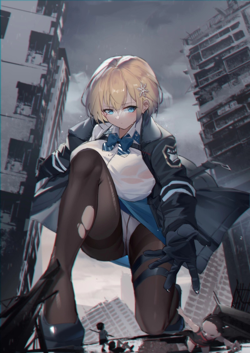 1girl 3boys bangs bankongping black_footwear black_gloves black_jacket black_legwear blonde_hair blue_bow blue_bowtie blue_eyes blue_skirt bow bowtie breasts building child city closed_mouth collared_shirt crotch_seam giant giantess girls_frontline gloves hair_ornament highres jacket large_breasts long_sleeves mole mole_under_eye multiple_boys open_clothes open_jacket panties panties_under_pantyhose pantyhose pantyshot ruins shirt shoes short_hair size_difference skirt snowflake_hair_ornament striped striped_bow striped_bowtie sweat thigh_strap thighband_pantyhose torn_clothes torn_legwear underwear vsk-94_(girls'_frontline) white_panties white_shirt