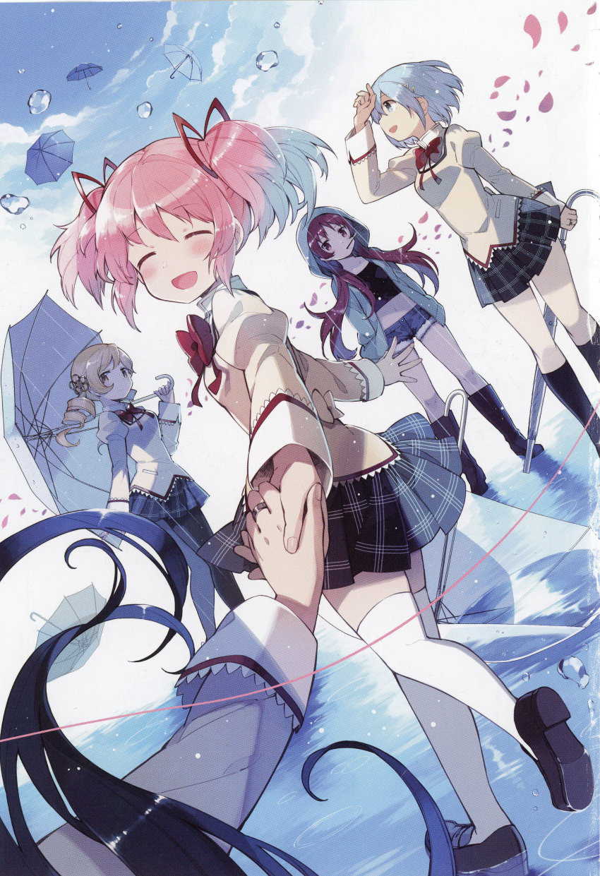 5girls ^_^ absurdres akemi_homura back_bow black_footwear black_hair black_legwear black_skirt blonde_hair blouse blue_eyes blue_hair blue_sky boots bow breasts closed_eyes clouds cloudy_sky crop_top day denim denim_shorts dot_nose drill_hair dutch_angle eyebrows_visible_through_hair facing_viewer fingernails floating_hair flower food food_in_mouth green_hoodie hair_flower hair_ornament hair_ribbon hairclip hairpin hands_in_pockets hanokage happy high_collar highres holding_hands hood hood_up hoodie jewelry juliet_sleeves kaname_madoka knee_boots kneehighs light_blush light_particles loafers long_sleeves looking_up mahou_shoujo_madoka_magica micro_shorts midriff miki_sayaka mitakihara_school_uniform multiple_girls navel neck_ribbon official_art open_clothes open_hoodie open_mouth outdoors outstretched_arm pantyhose petals pink_hair plaid plaid_skirt pleated_skirt pocky pov pov_hands puffy_sleeves rain red_eyes red_ribbon redhead reflection reflective_water ribbon ring ripples sakura_kyouko school_uniform shade shading_eyes shadow shiny shiny_hair shoes short_hair shorts sideboob sideways_glance skirt sky small_breasts smile standing standing_on_one_leg straight_hair string thigh-highs tomoe_mami transparent transparent_umbrella twin_drills twintails umbrella under_umbrella water water_drop white_legwear yellow_eyes zettai_ryouiki