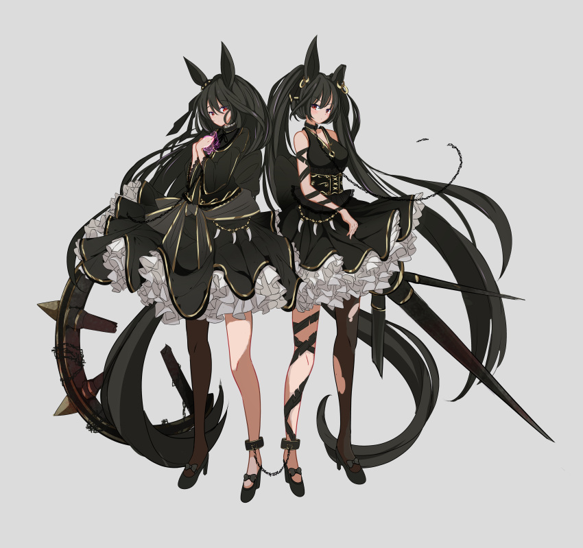 2girls absurdres amano_haruka_(sakogamitokuan) animal_ears ankle_cuffs black_hair blush breasts chain collar dark_souls_(series) dark_souls_ii dress executioner's_chariot hand_on_own_chest high_heels highres horse_ears horse_girl long_hair long_sleeves multiple_girls personification red_eyes simple_background single_leg_pantyhose sleeveless sleeveless_dress torn_clothes torn_legwear twintails very_long_hair