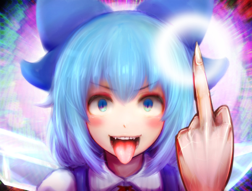 1girl bangs benikurage_(cookie) blue_bow blue_eyes blue_hair blush bow cirno collared_shirt commentary_request cookie_(touhou) eyebrows_visible_through_hair face fangs hair_between_eyes hair_bow ice ice_wings khn_(kihana) looking_at_viewer middle_finger neck_ribbon open_mouth red_ribbon ribbon shirt short_hair slit_pupils smile solo teeth tongue tongue_out touhou white_shirt wings