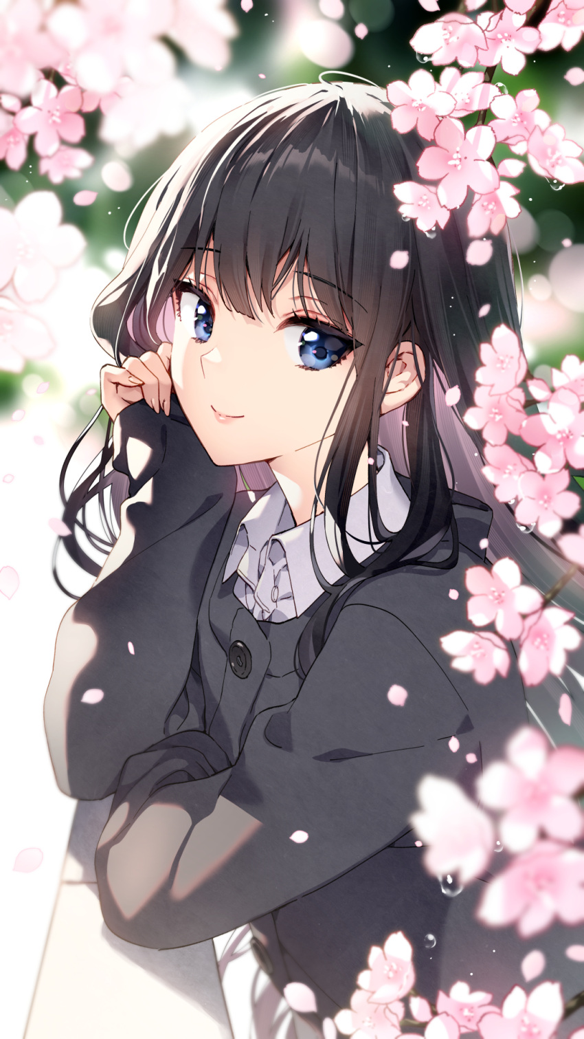 1girl bangs black_hair black_shirt blue_eyes blurry blurry_background cherry_blossoms closed_mouth collared_shirt dress_shirt flower hand_on_own_face hand_up highres leaning_forward long_hair long_sleeves looking_at_viewer nardack original outdoors petals pink_flower shirt smile solo standing white_shirt