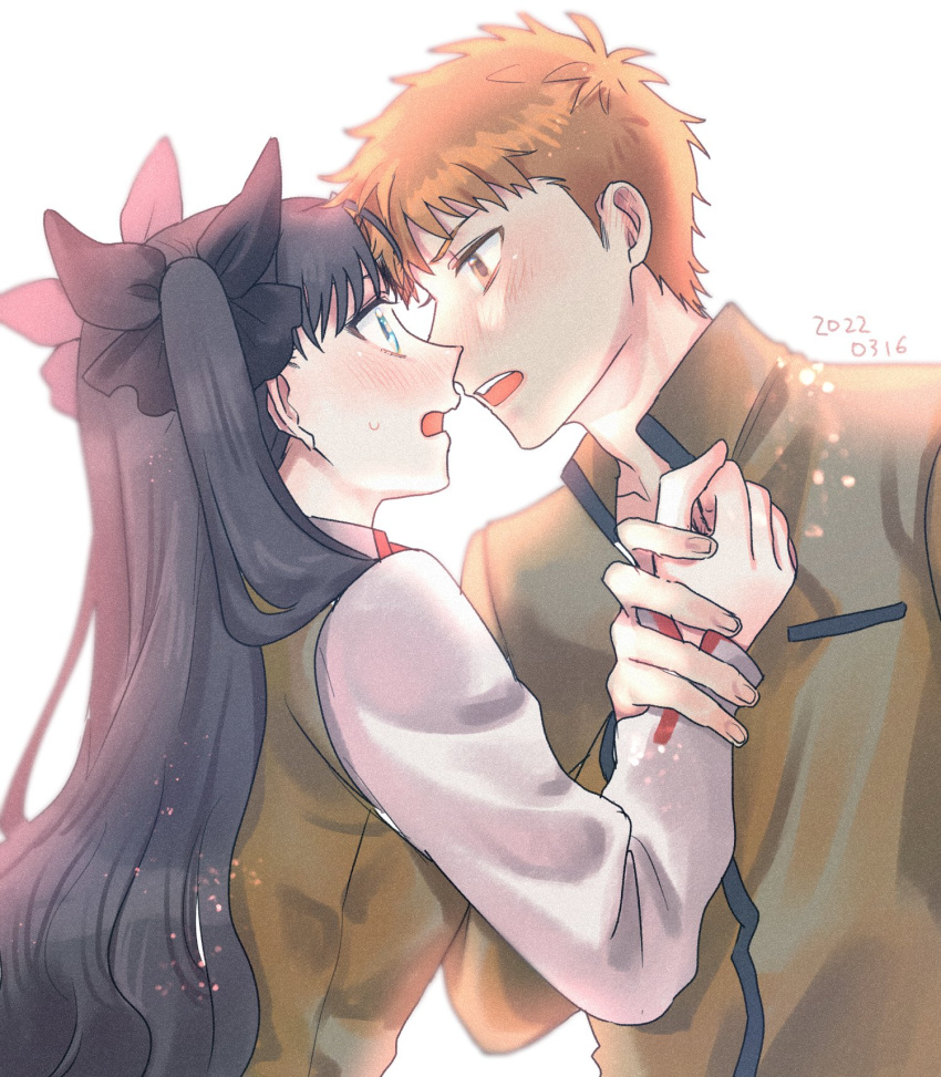 1boy 1girl black_hair blue_eyes blush embarrassed emiya_shirou fate/stay_night fate_(series) highres holding_hands homurahara_academy_uniform long_hair redhead school_uniform short_hair tohsaka_rin twintails two_side_up white_background yc1 yellow_eyes