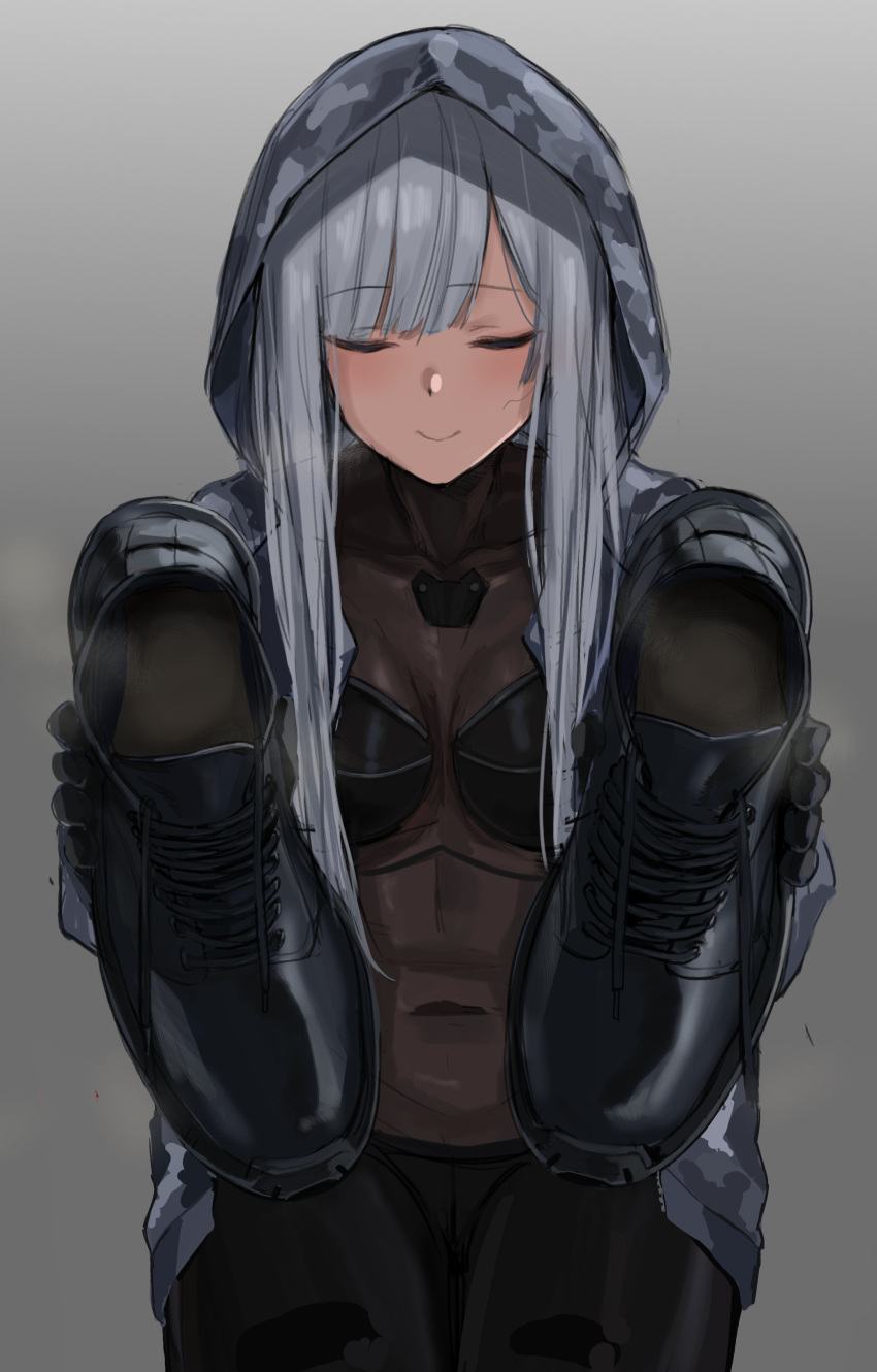 1girl absurdres ak-12_(faint_light_of_furthest_day)_(girls'_frontline) ak-12_(girls'_frontline) bangs black_bodysuit black_footwear black_gloves blush bodysuit boots breasts camouflage camouflage_jacket closed_eyes eyebrows_visible_through_hair girls_frontline gloves grey_background highres holding holding_clothes holding_footwear hood hood_up hooded_jacket jacket kuro_(zhurunbo1997) long_hair long_sleeves silver_hair simple_background smell smile solo