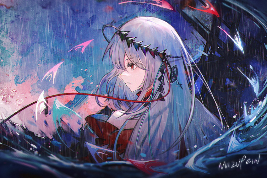 1girl arknights bangs bare_shoulders dress from_side hair_ornament highres in_water long_hair mizupein official_alternate_costume painterly portrait red_dress red_eyes signature silver_hair skadi_(arknights) skadi_the_corrupting_heart_(arknights) solo waves
