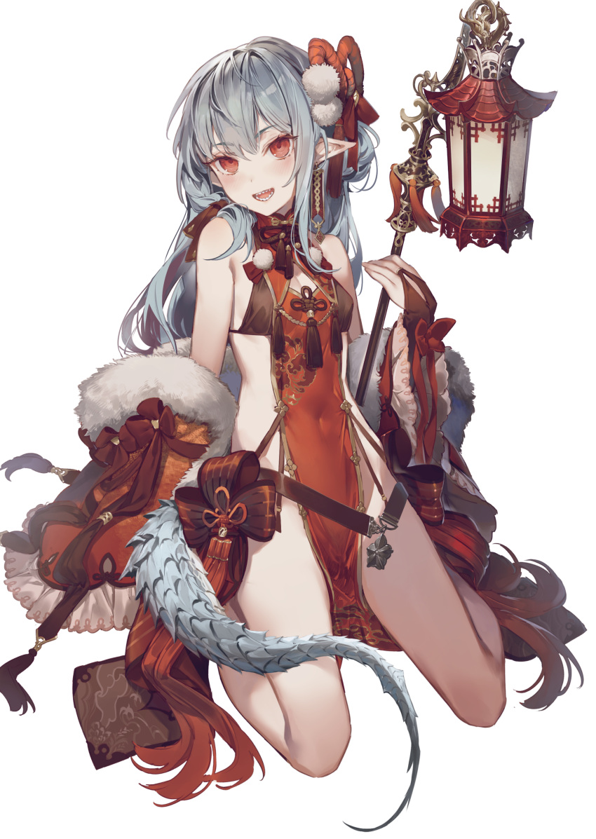 1girl :d absurdres bare_shoulders bikini black_bikini breasts china_dress chinese_clothes cleavage_cutout clothing_cutout coat covered_navel dress fur_trim grey_hair hair_ornament highres kaerunoko lantern long_hair looking_at_viewer no_panties off_shoulder original pointy_ears red_coat red_dress red_eyes revealing_clothes seiza sharp_teeth sideless_outfit sidelocks simple_background sitting sleeveless sleeveless_dress small_breasts smile solo string_bikini swimsuit tail teeth thighs white_background
