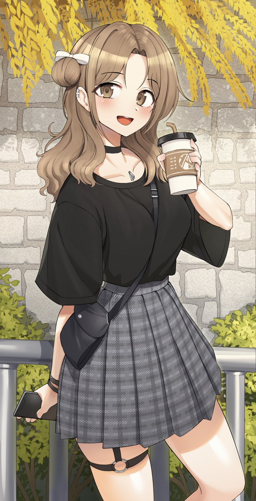 1girl :d absurdres bag bangs bendy_straw between_breasts black_shirt blush bow breasts brick_wall brown_eyes brown_hair cellphone coffee_cup commentary_request cup day disposable_cup drinking_straw eyebrows_visible_through_hair goback grey_skirt hair_bow hair_bun hand_up highres holding holding_cup holding_phone ichikawa_hinana idolmaster idolmaster_shiny_colors medium_breasts outdoors parted_bangs phone plaid plaid_skirt plant pleated_skirt railing shirt shoulder_bag side_bun skirt smile solo strap_between_breasts white_bow