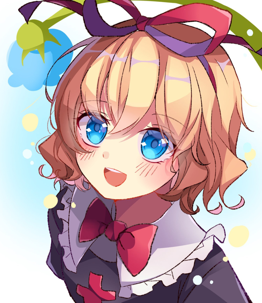 1girl bangs blonde_hair blue_eyes blush bow eyebrows_visible_through_hair frilled_shirt_collar frills hair_ribbon highres looking_at_viewer medicine_melancholy meimei_(meimei89008309) open_mouth puffy_short_sleeves puffy_sleeves red_neckwear ribbon short_hair short_sleeves simple_background smile solo touhou