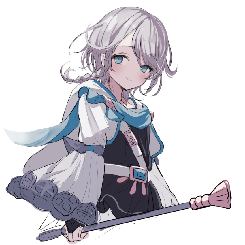 1girl black_gloves black_shirt blue_eyes blush braid character_request closed_mouth fingerless_gloves gloves grey_hair highres holding karunabaru long_hair long_sleeves shadowverse shirt simple_background single_braid sleeveless sleeveless_shirt sleeves_past_wrists smile solo white_background white_shirt wide_sleeves