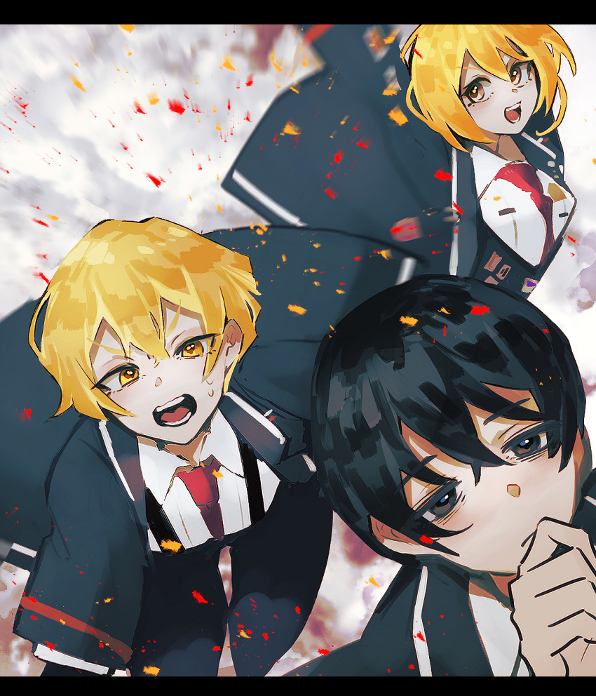 1girl 2boys :d :o black_coat black_hair blonde_hair brown_eyes closed_mouth coat collared_shirt don_quixote_(limbus_company) hand_on_own_chin highres limbus_company long_sleeves multiple_boys nakame77 necktie open_clothes open_coat red_necktie shirt short_hair shouting sinclair_(limbus_company) smile sweatdrop white_shirt yellow_eyes yi-sang_(limbus_company)