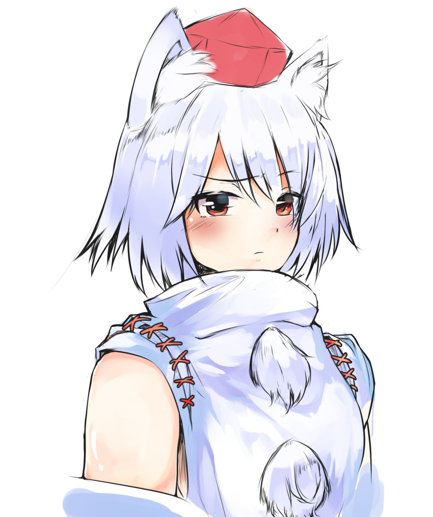 1girl animal_ear_fluff animal_ears blush breasts closed_mouth detached_sleeves eyebrows_visible_through_hair ginnkei hat highres inubashiri_momiji looking_at_viewer pom_pom_(clothes) raised_eyebrow red_eyes shirt short_hair simple_background solo tokin_hat touhou turtleneck upper_body white_background white_shirt wolf_ears