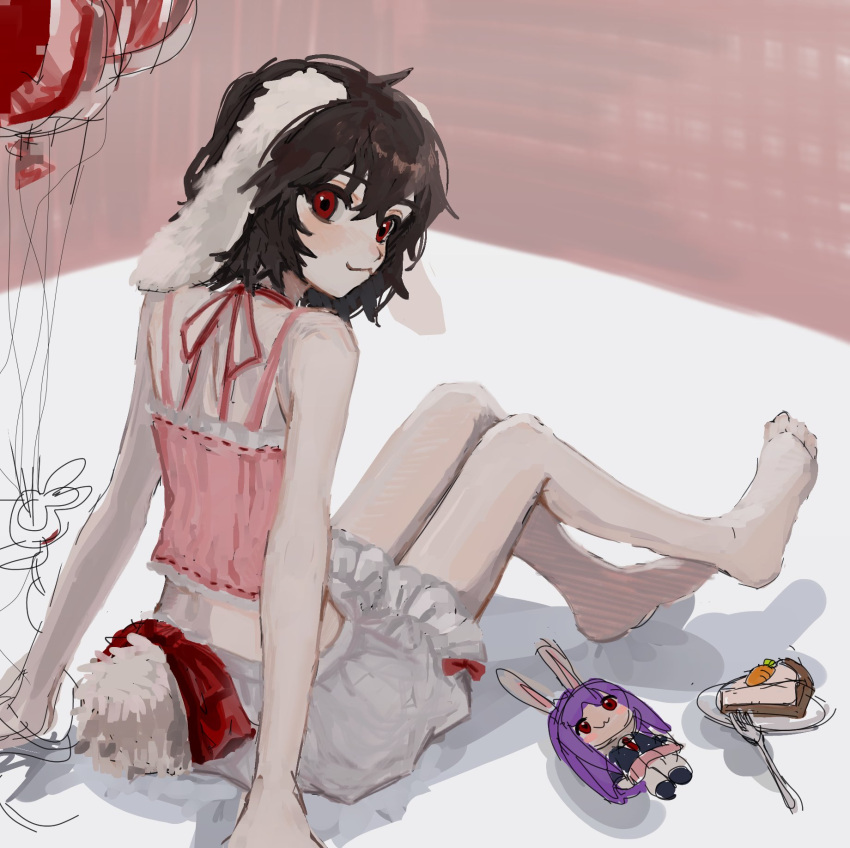 1girl :3 animal_ears b_nosk101 balloon bangs barefoot black_hair bloomers cake carrot closed_mouth doll floppy_ears food highres inaba_tewi looking_at_viewer looking_back pink_shirt rabbit_ears rabbit_tail red_eyes reisen_udongein_inaba shirt short_hair sitting solo tail touhou underwear