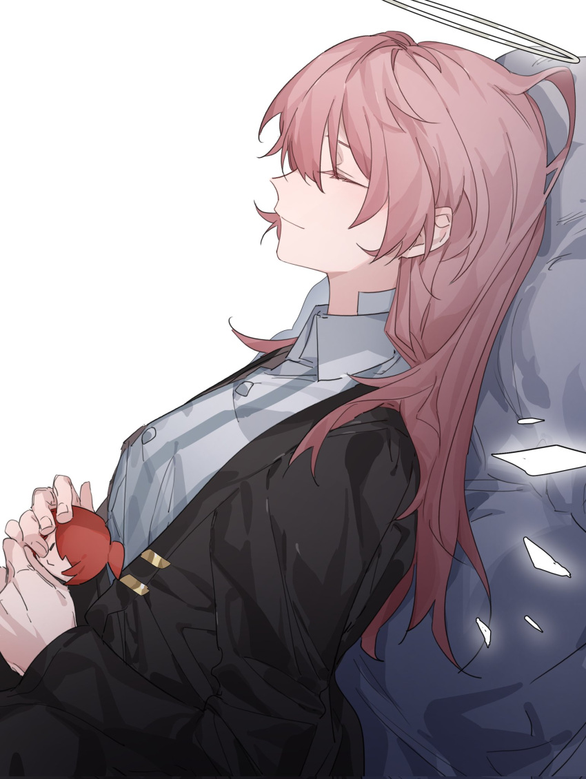 1girl arknights bangs black_jacket closed_eyes exusiai_(arknights) from_side grey_shirt halo highres holding jacket lemuen_(arknights) long_hair long_sleeves molu_stranger open_clothes open_jacket pink_hair profile shirt simple_background smile solo upper_body white_background