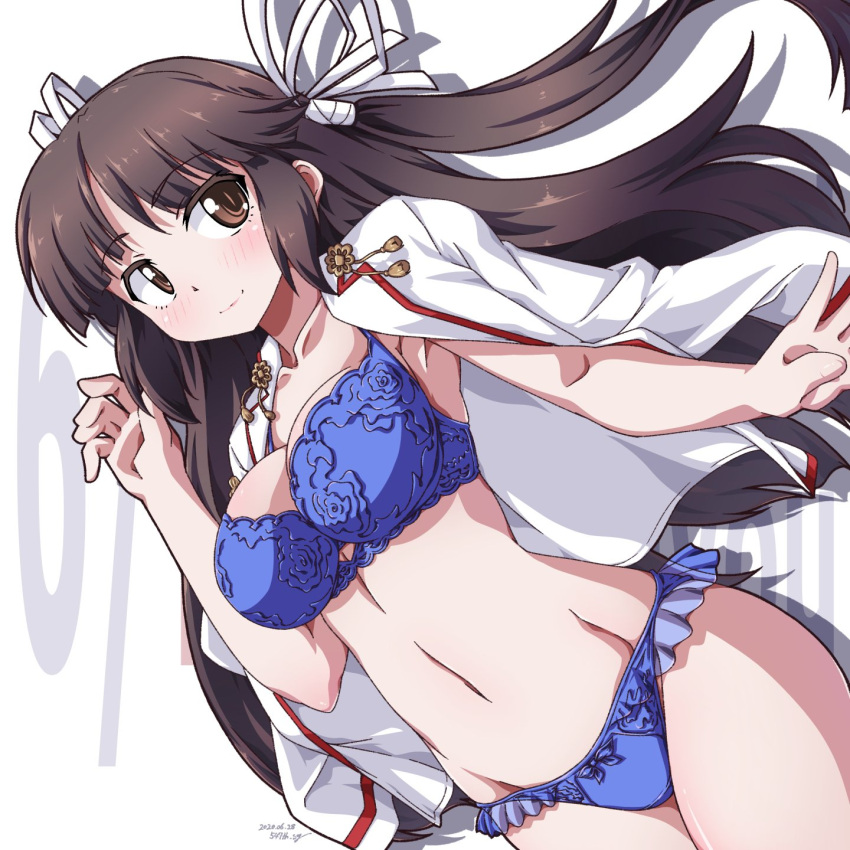 1girl 547th_sy bangs black_hair blue_bra blue_panties bra brown_eyes commentary_request cowboy_shot dress_shirt hair_ribbon highres hime_cut hiyou_(kancolle) kantai_collection lingerie long_hair long_sleeves looking_at_viewer open_clothes open_shirt panties ribbon shirt shirt_on_shoulders smile solo standing underwear white_ribbon white_shirt