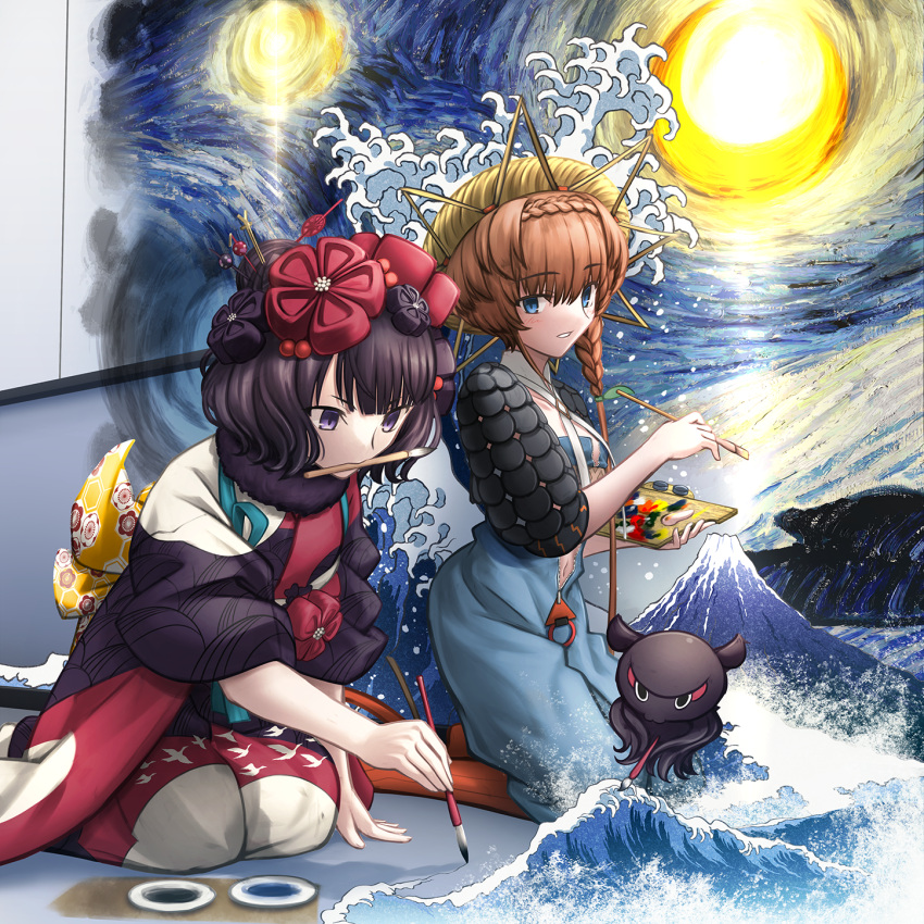 2girls black_kimono blue_overalls braid calligraphy_brush crown_braid fate/grand_order fate_(series) genderswap genderswap_(mtf) hair_bun hair_ornament hairpin highres holding holding_paintbrush ink japanese_clothes kanagawa_okinami_ura katsushika_hokusai_(fate) kimono mount_fuji mouth_hold multiple_girls nihonga octopus orange_hair overall_shorts overalls paintbrush purple_hair purple_kimono shoori_(migiha) side_braid starry_night tokitarou_(fate) ukiyo-e van_gogh_(fate) vincent_van_gogh_(style) waves yellow_headwear