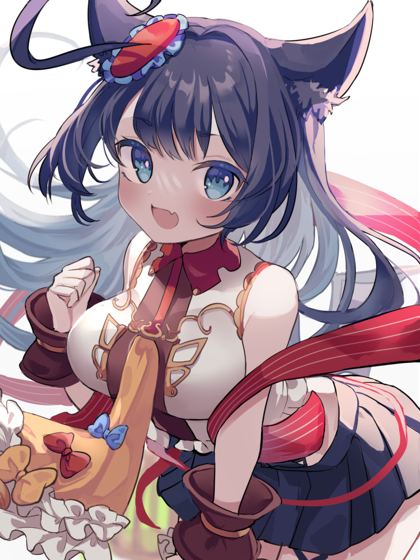 :d ahoge animal_ear_fluff animal_ears black_hair black_skirt blue_bow blue_eyes blush bow breasts character_request fang hand_up highres karunabaru long_hair looking_at_viewer medium_breasts pleated_skirt red_bow shadowverse shirt simple_background skirt sleeveless sleeveless_shirt smile very_long_hair white_background white_shirt wrist_cuffs